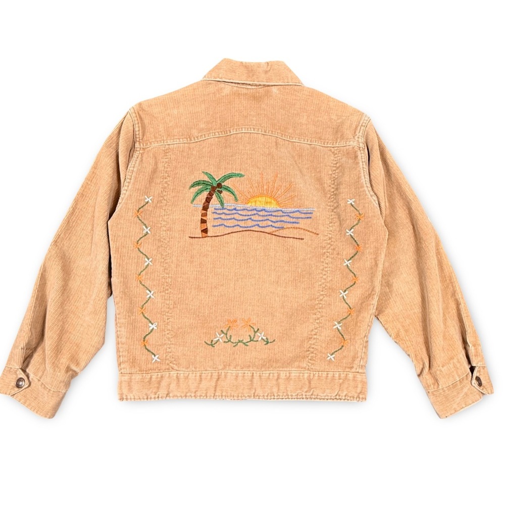 Levis OOAK Corduroy Trucker Jacket Girls 16 Women XS Boho Hand Embroidered Khaki - Picture 7 of 11